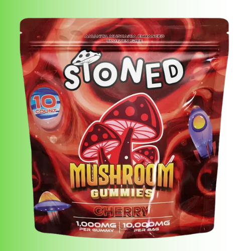 Stoned Mushroom Gummies packaging with cherry flavor on a green. For customers in the Kenosha and Racine area background