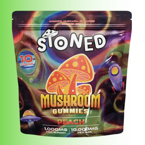 Stoned Mushroom Gummies packaging with peach flavor colorful design and mushroom illustration on a green background. For customers in the Kenosha and Racine area