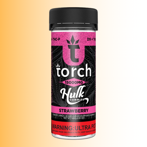 Torch Hulk Gummies Strawberry container with strawberry flavor on a gradient background. For customers in the Kenosha and Racine area