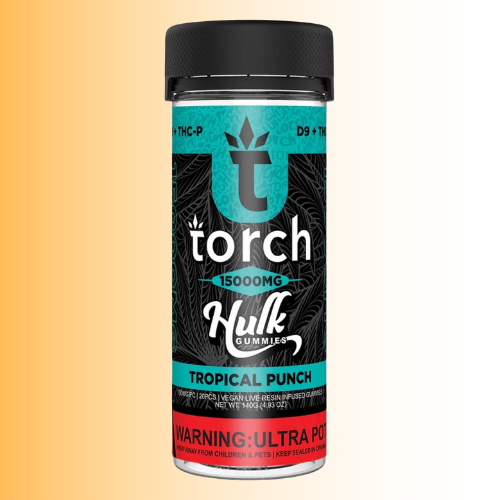 Torch Hulk Gummies Tropical Punch container with tropical punch flavor on a gradient background. For customers in the Kenosha and Racine area