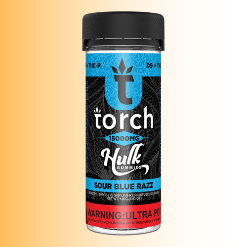 Torch Hulk Gummies Sour Blue Razz container with blue and black label on a gradient background. For customers in the Kenosha and Racine area