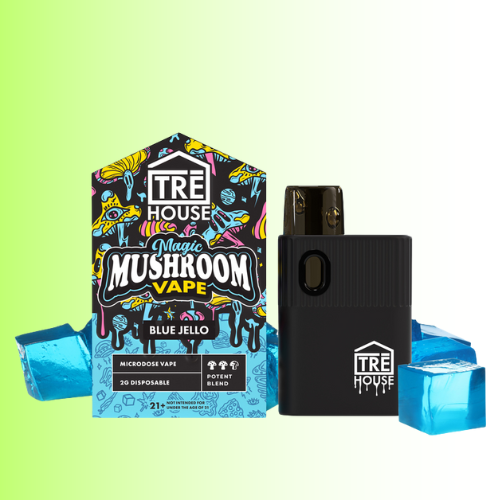 Tre House mushroom vape with colorful packaging, flavor Blue Jello, on a gradient background. For customers in the Kenosha and Racine area