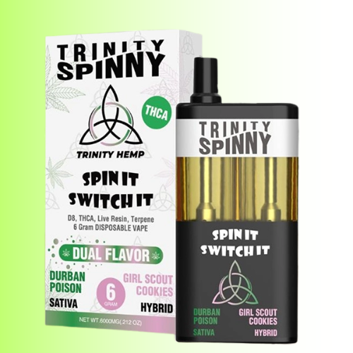 Trinity Spinny vape device and packaging on a green background. For customers in the Kenosha and Racine area