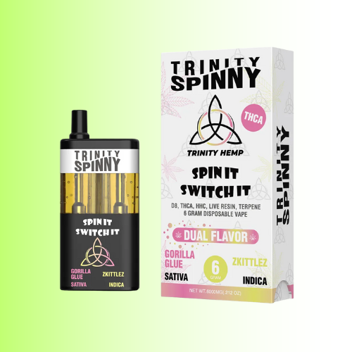 Trinity Spinny vape pen and packaging on a gradient background. For customers in the Kenosha and Racine area
