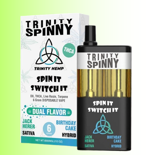 Trinity Spinny vape device and packaging on a green background. For customers in the Kenosha and Racine area