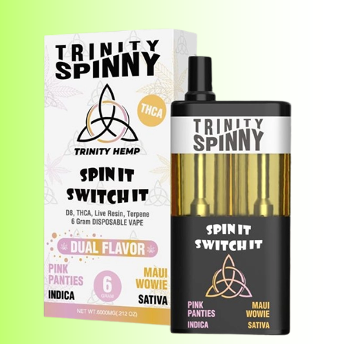 Trinity Spinny vape and packaging on a white background. For customers in the Kenosha and Racine area