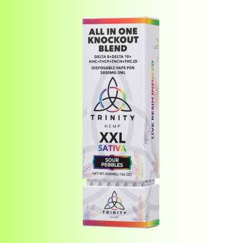 Trinity Hemp XXL Sativa vape pen packaging, flavor Sour Pebbles, on a gradient background. For customers in the Kenosha and Racine area
