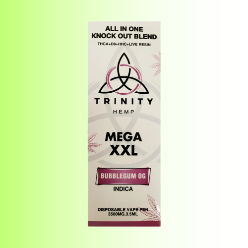 Trinity Hemp vape pen Mega XXL Indica packaging, flavor Bubblegum OG, on a gradient background. For customers in the Kenosha and Racine area