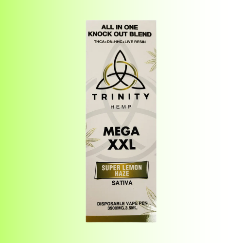 Trinity Hemp vape pen packaging, flavor Super Lemon Haze, on a light green background. For customers in the Kenosha and Racine area