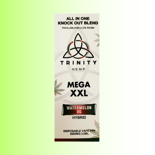Trinity Hemp Mega XXL disposable vape pen packaging, flavor Watermelon OG, on a gradient background. For customers in the Kenosha and Racine area