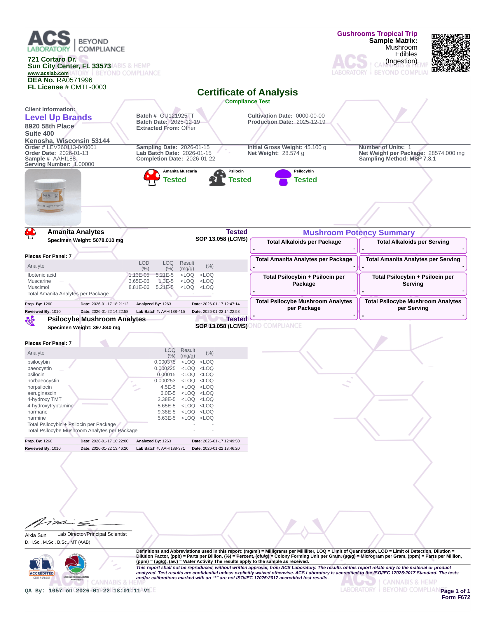 A certified test report and Certificate of Analysis for Ammonia Analysis from ACS Beyond Compliance, showing test results for a Level 1 Up Brand ammonia analyzer.