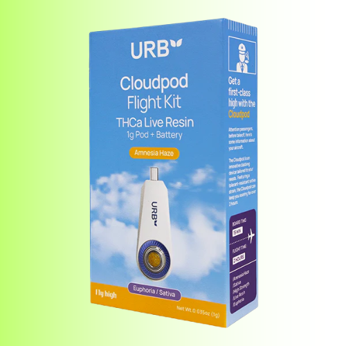 URB Cloudpod Flight Kit packaging, Amnesia Haze, with blue and white design on a green background. For customers in the Kenosha and Racine area