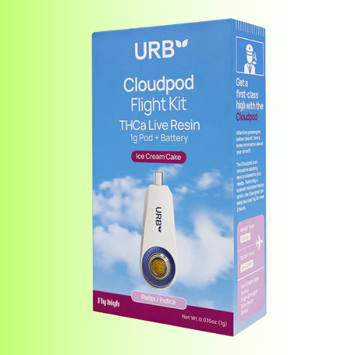 URB Cloudpod Flight Kit packaging, flavor Ice Cream Cake, with a blue and white design on a green background. For customers in the Kenosha and Racine area