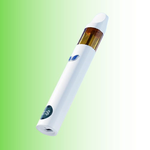 White vape black cherry fiz pen with a gold accent on a green background. For customers in the Kenosha and Racine area