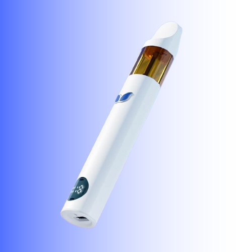 White electronic vape sherblato device with a gold accent on a blue gradient background. For customers in the Kenosha and Racine area