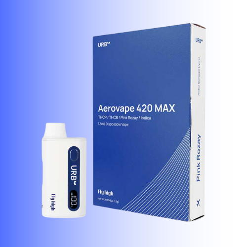 Aerovape 420 MAX disposable vape and its packaging on a gradient blue background. For customers in the Kenosha and Racine area