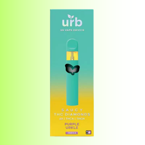 Urb vape device Purple Urkle Flavor packaging with gradient design on a light green and white background. For customers in the Kenosha and Racine area