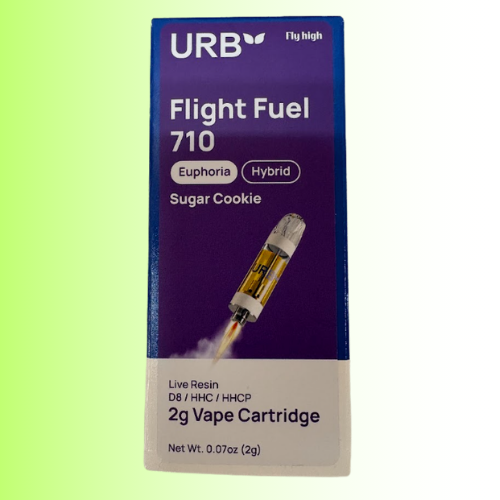 A 2g URB Flight Fuel 710 vape cartridge box in 'Sugar Cookie' flavor, featuring a purple and white design with an illustration of a cannabis cartridge emitting smoke.