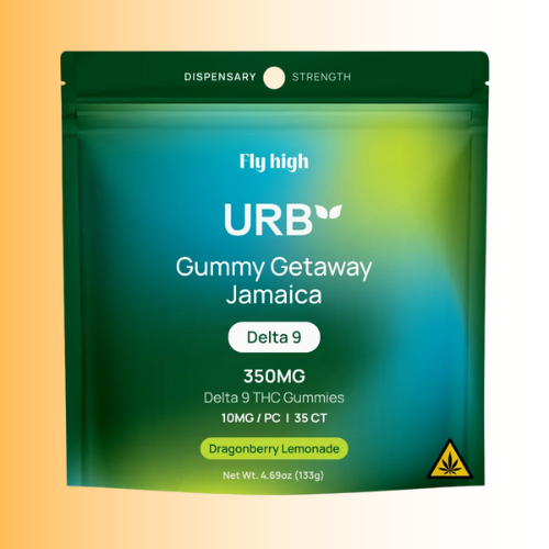 URB gummy product packaging, flavor Dragonberry Lemonade, with branding and product details on a gradient background. For customers in the Kenosha and Racine area