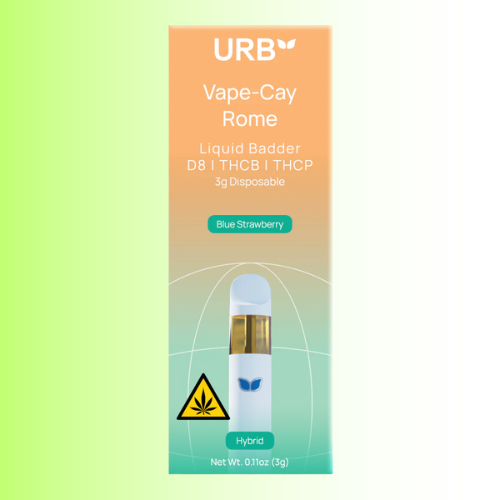 URB Vape-Cay Rome packaging flavor Blue Strawberry with a gradient background. For customers in the Kenosha and Racine area.