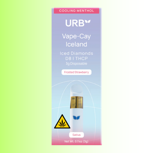 URB Vape-Cay Iceland packaging, Frosted Strawberry flavor with a gradient background. For customers in the Kenosha and Racine area.