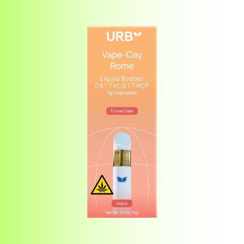 Vape-Cay Rome packaging flavor Funnel Cake with URB branding on a gradient background. For customers in the Kenosha and Racine area.