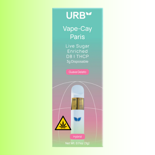 Vape-Cay Paris packaging flavor Guava Gelato with URB branding on a gradient background. For customers in the Kenosha and Racine area.