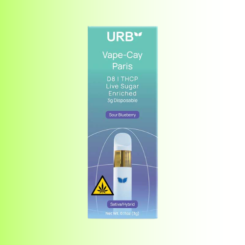 URB Vape-Cay Paris packaging flavor Sour Blueberry on a gradient background. For customers in the Kenosha and Racine area.
