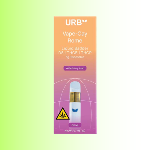 URB Vape-Cay Rome packaging flavor waterberry Kush on a gradient background. For customers in the Kenosha and Racine area.