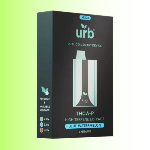 Urb dual coil smart device packaging with blue watermelon flavor on a green gradient background. For customers in the Kenosha and Racine area