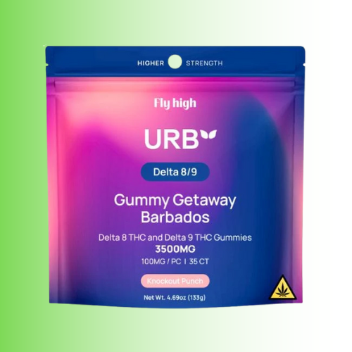 URB Delta 8/9 Gummy Getaway Knockout Punch Barbados packaging on a gradient background. For customers in the Kenosha and Racine area