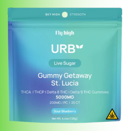URB gummy sour blueberry flavor product packaging with blue gradient and text on a green background. For customers in the Kenosha and Racine area