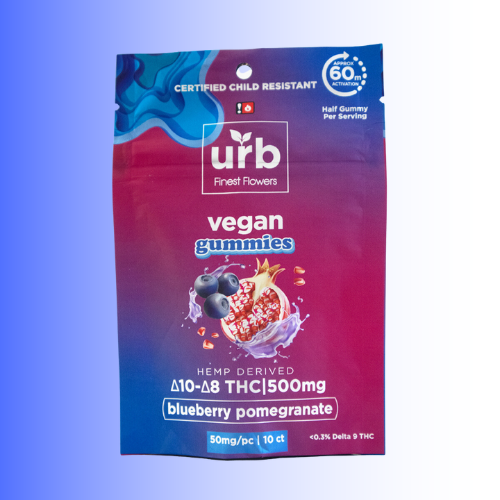 Vegan gummies package with blueberry and pomegranate flavor on a gradient background. For customers in the Kenosha and Racine area