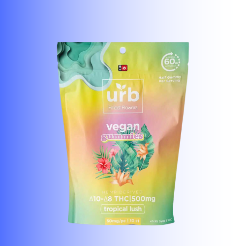 Colorful packaging of 'urb tropical lush' vegan gummies with tropical design on a gradient blue and purple background. For customers in the Kenosha and Racine area