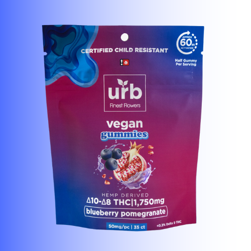 Package of urb vegan gummies with blueberry and pomegranate flavor on a blue background. For customers in the Kenosha and Racine area