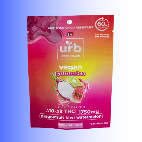 Package of vegan gummies with dragonfruit kiwi watermelon flavor on a gradient background. For customers in the Kenosha and Racine area