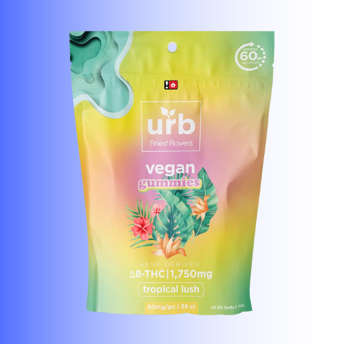 Colorful package of 'urb tropical lush' vegan gummies with tropical design on a gradient background. For customers in the Kenosha and Racine area