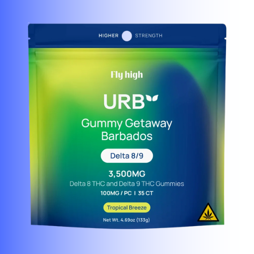 URB gummy Tropical Breeze flavor product packaging with gradient blue and green design. For customers in the Kenosha and Racine area