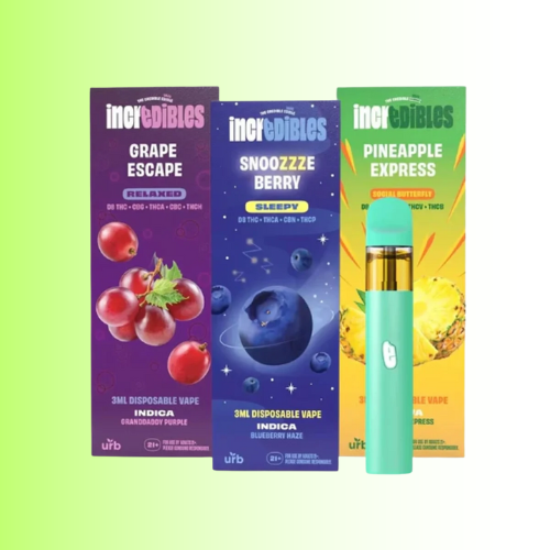 Three vape product packages with colorful designs and text on a gradient background. For customers in the Kenosha and Racine area