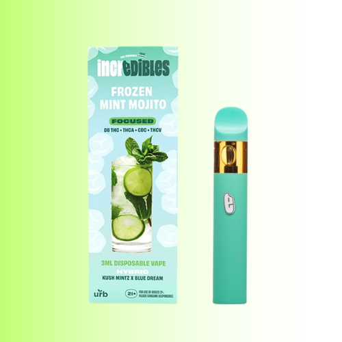 Green vape pen with packaging labeled 'Frozen Mint Mojito' on a gradient background. For customers in the Kenosha and Racine area