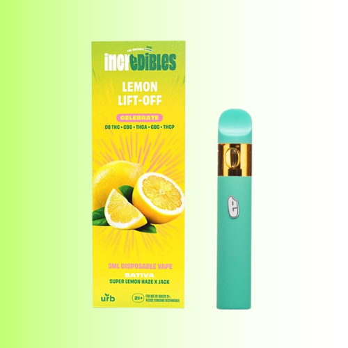 Green vape pen with lemon-flavored packaging on a light green background. For customers in the Kenosha and Racine area