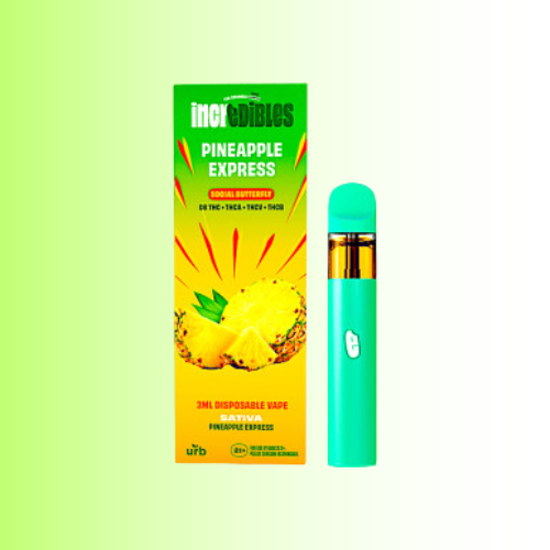 Disposable vape pen with pineapple-themed packaging on a green background. For customers in the Kenosha and Racine area