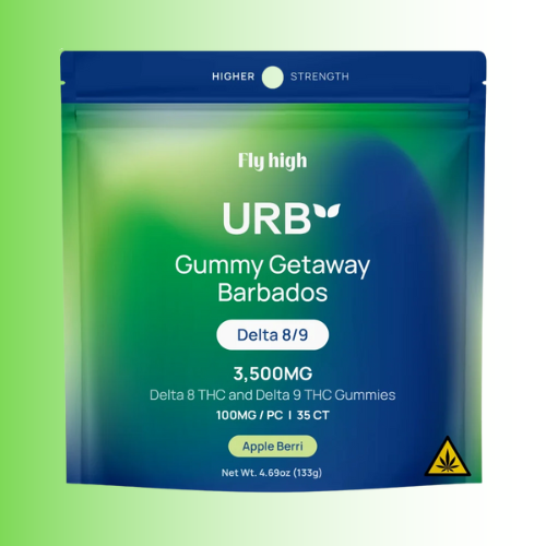 URB gummy apple berri flavor product packaging with green and blue gradient on a green background. For customers in the Kenosha and Racine area