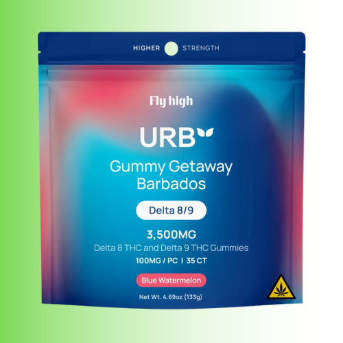 URB gummy product packaging Blue watermelon flavor with colorful gradient on a green background. For customers in the Kenosha and Racine area