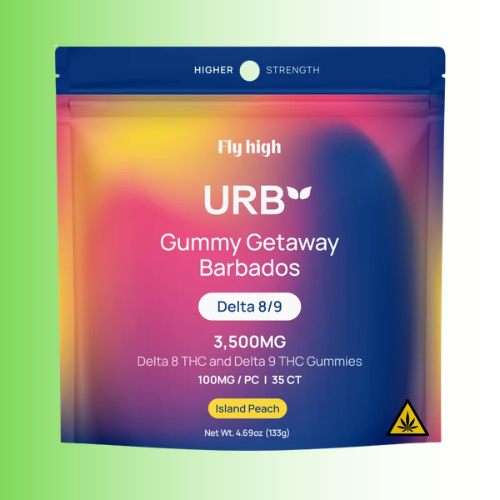 A stand-up pouch package for URB Gummy Getaway Barbados gummies,  Island peach flavor, featuring a blue, pink, and purple gradient design with white text and a small yellow warning label, shown on a light green gradient background.