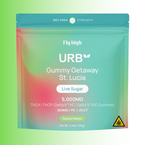 URB gummy product packaging, flavor Guava Gelato, with gradient colors and text on a green background. For customers in the Kenosha and Racine area