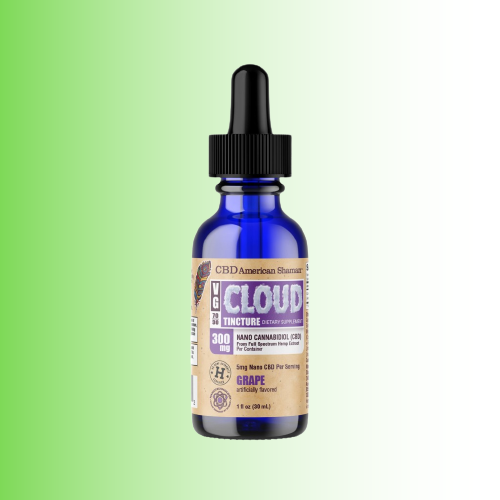 A 1 fl oz blue glass dropper bottle of CBD America's Cloud Tincture Grape flavor, featuring a black dropper cap and a beige label with purple and white text, set against a green-to-white gradient background.
