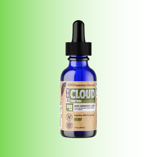 A 1 fl oz blue glass dropper bottle of CBD American States Cloud Tincture 300mg Hemp Flavor, featuring a black dropper cap and a beige label with green and white text, set against a green gradient background.