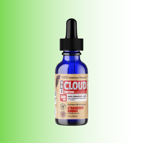 A 1 fl oz blue glass dropper bottle of Cloud American Straight CBD Tincture in Strawberry Banana flavor, shown against a green-to-white gradient background.