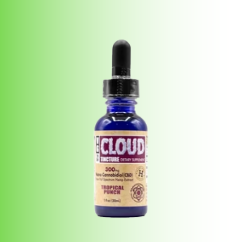 A 1 fl oz cobalt blue glass dropper bottle of Cloud Structure Detox Supplement, Tropical Punch flavor, on a green-to-white gradient background.